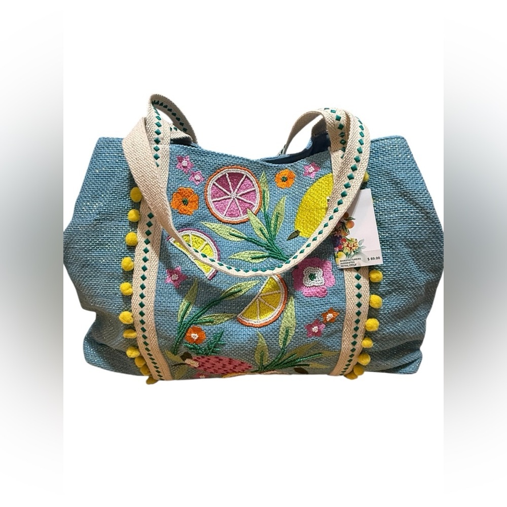 Beach Bag Express Edit Tote-Blue Tropical Embroidered Tote Bag with Pom-Pom Trim